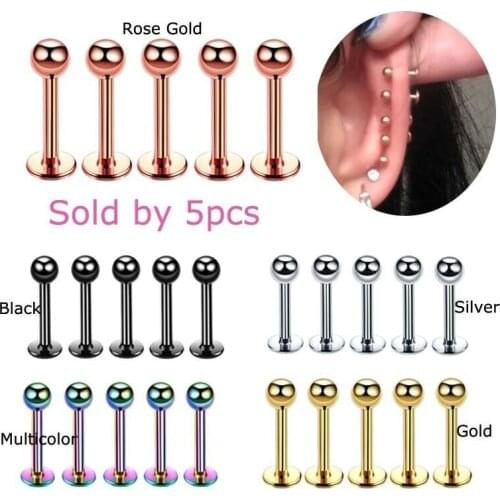 5pcs Tragus Helix Labret Lip Piercing Cartilage Earrings Stud 16G 3mm Ball