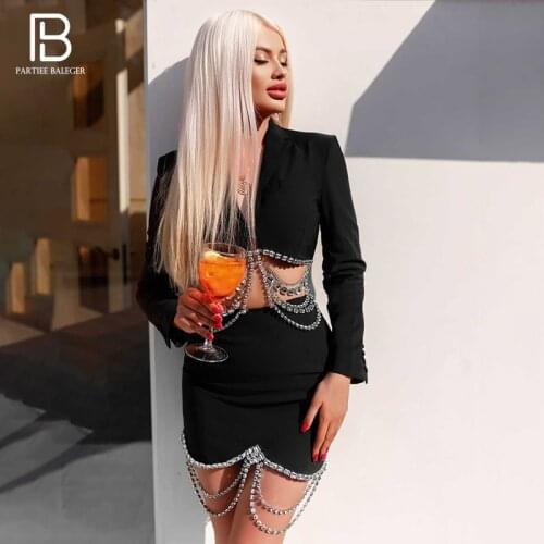 PB Chic Two Pieces Suit Gorgeous Crystal Chain Design Turn-down Collar Celebrity Party Club Crop Tops Mini Skirt Set