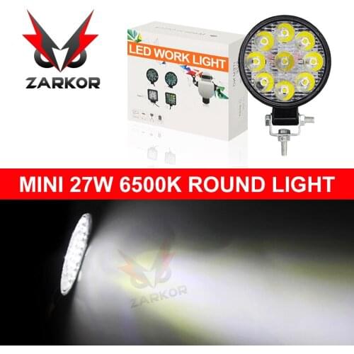 Zarkor 1620lm 27W MINI Round Offroad LED Work Light Bar 12V-24V 6500K Mini Spot Beam Truck SUV ATV Tractor Driving Fog Lamp LED