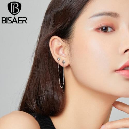 Bisaer Authentic 925 Sterling Silver Fashion Beaded Chain Stud Earrings for Women Silver Ear Jewelry Earring ECE1107