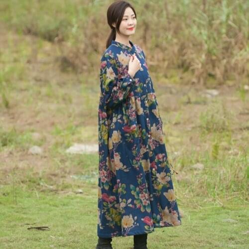 Women National Style Fleece Stand Collar Printed Long Coat Female Outerwear Ladies Fleeced Winter Warm Overcoat 2019 Print