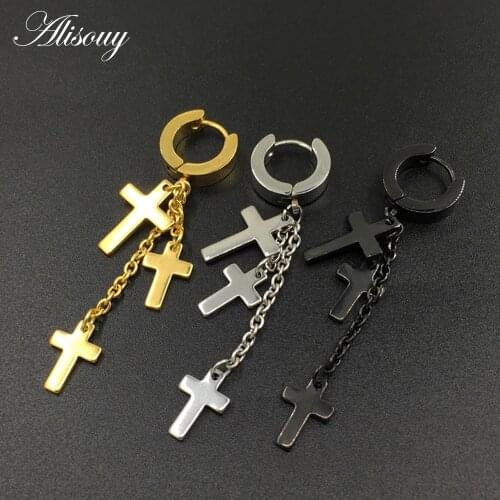 Alisouy 1 pair Mens Womens Stainless Steel Dangle Cross Ear Stud Huggies Earring Punk style stud earrings for men