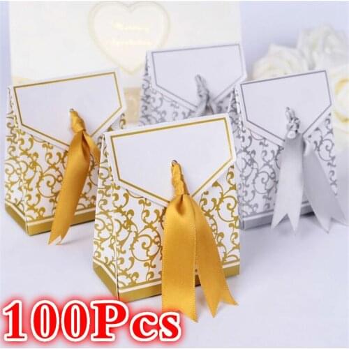 100pcs Wedding Favours Birthday Party Favor Bags Gold Sliver Flower Candy Boxes Bag Favor Sweet Cake Gift Party