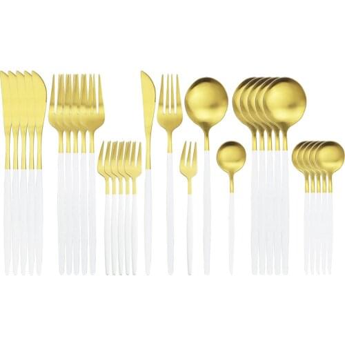 30Pcs Stainless Steel Dinner Cutlery Set White Gold Dinnerware Flatware Knives Cake Forks Spoon Tableware Kitchen Silverware Set