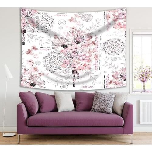 Tapestry Mandala Geometric Patterns and Summer Flower Ornaments Floral Watercolor Art Pink