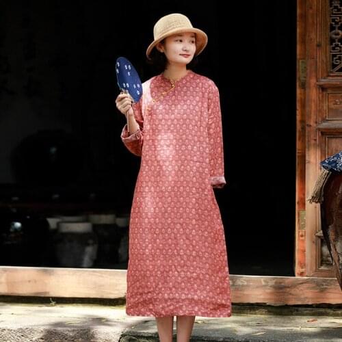 Johnature 2021 Autumn New Fashion Retro Floral Print Stand Plate Buckle Long Sleeve Dresses Casual Loose Comfortable Women Dress