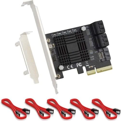 PCIE to 5-Port SATA III 6 Gbps SATA Controller Expansion Card Computer Chassis Adapter Card JMB585 with 5 Cables