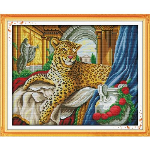 Leopard cross stitch kit 14ct 11ct pre stamped canvas cross stitching animal lover embroidery DIY handmade needlework