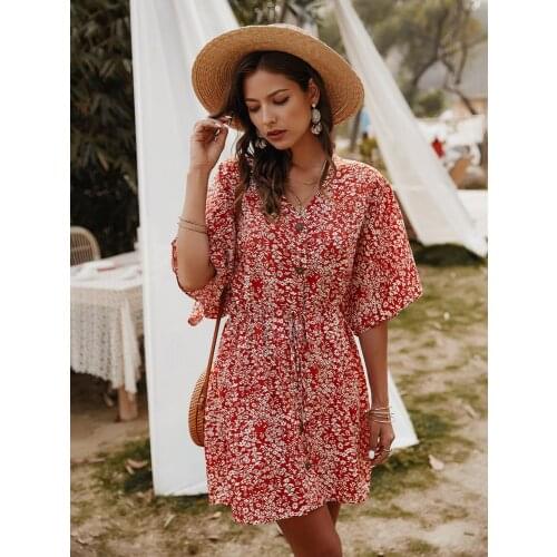 Summer Dress 2020 Casual V-neck Print Short Sleeve Beach Sundress Women Fashion Vacation Mini Dress Female vestidos de verano