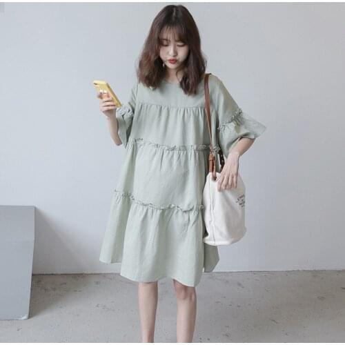 Summer Expectant Mother Maternity Short Sleeve Solid Color Dresses Pregnancy Round Neck Lotus Leaf Dresse Pregnant Women Clothes