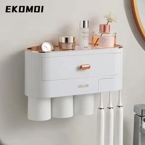 EKOMOI Magnetic Adsorption Inverted Toothbrush Holder Automatic Toothpaste Squeezer Dispenser Storage Rack Bathroom Accessories