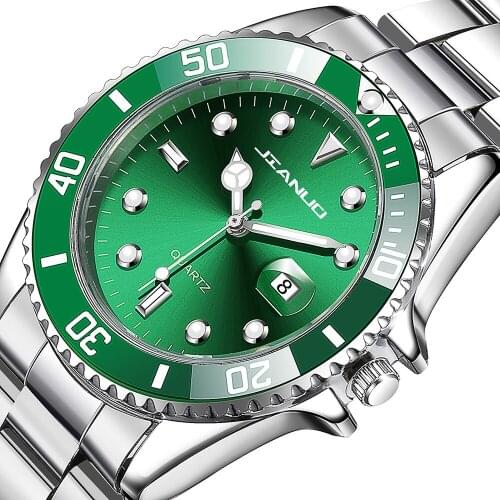 Montres Homme Mens Calendar Quartz Watches Green Dial Stainless Steel Belt Not Waterproof Analogue 24 Hour Wristwatch for Man