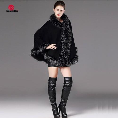 Novelty Vogue Full Trim Faux Raccoon Fur Cape Coat Hooded Shawl Women Winter Wool Cashmere Cardigan with Cap Loose Cloak Parka