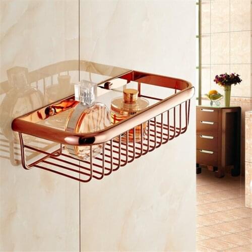 Bathroom Shelf Copper Bath Shower Rack Bath Shower Shelf Bath Shower Caddy Holder Bolt Inserting Rose gold Square Corner Shelf