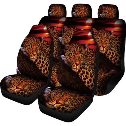 Leopard Animal Print Full Set Front and Rear Bench Cover Polyester Automotive Car Seat Protection Cheetah Print Universal
