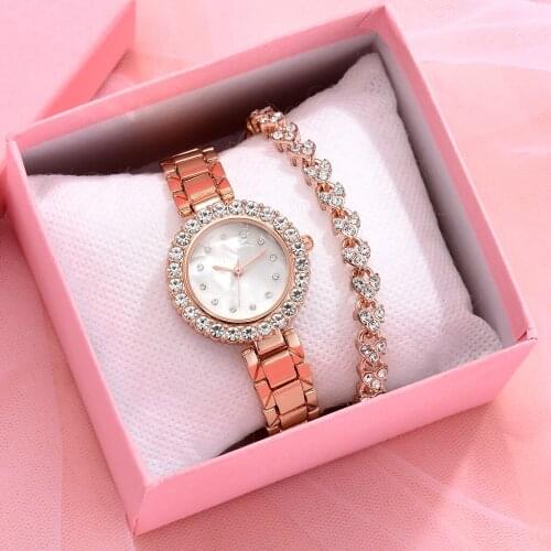 2021 Luxury Women Rose Gold Watch Fashion Ladies Quartz Diamond Wristwatch Elegant Female Bracelet Watch 2pcs Set Reloj Mujer