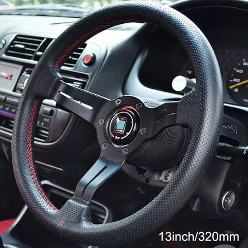 SDAO ND leather steering wheel 330 mm black steering wheel black aluminum spokes red stitching 13 inches