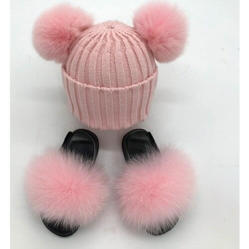 Fur Sandals Baby Girls Luxury Real Fox Fur Slippers Cute Pompom Beanie Hat Sets Fashion Summer Kids Shoes Toddler Furry Slides