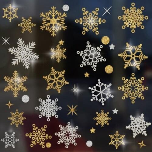 Merry Christmas Gold Silver Snowflakes Window Sticker Posters Removable Home Decor DIY Wall Stickers Glass Decoration Wallpaper