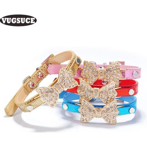 XPangle Rhinestone Pet Cat Collar Necklace Leather for Small Dogs Bow-knot Dog Collar Choker for Chihuahua Dog Accessories
