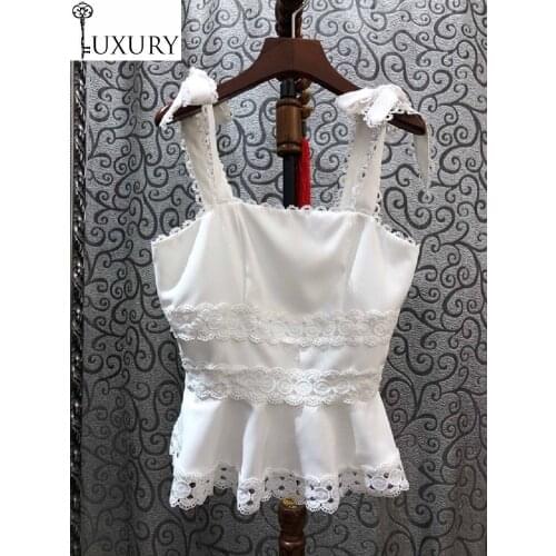 Tees High Quaity & 2020 Spring Summer Sexy Strap Ladies Bow Shoulder Lace Patchwork Casual Party Club White Black Tops