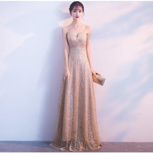 Banquet Evening Dress Female 2020 New Fashion Annual Meeting Host Dress Shinning Sequins Sexy Spaghetti Strap V-neck Long Dress