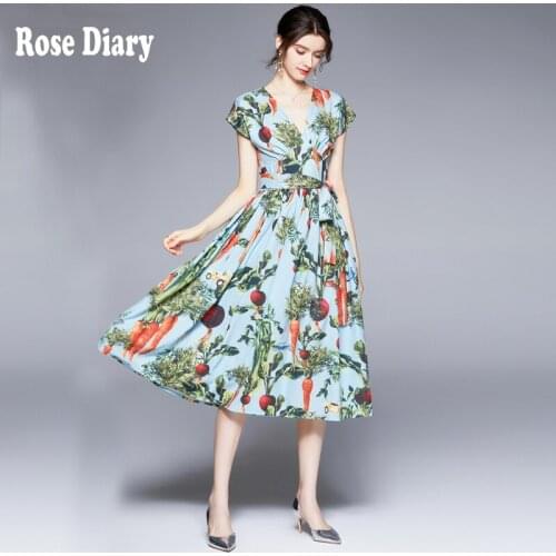 RoseDiary Fashion Designer Summer Chic Chiffon Dress Women V-Neck Flower Print Bow Belt Slim Big swing Short sleeve Midi Dress
