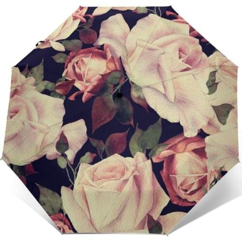 Wind Resistant Fully-Automatic Umbrella Pink Roses Watercolor Rain 3 Folding Parasol Travel Car Umbrella