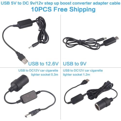 10PCS free shipping USB 5V to DC 9V/12V Step up cable DC5.5*2.5/2.1mm USB to12V car charger Cigrarette lighter female socket