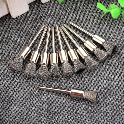 10Pcs 8mm Pen Shape End Brushes Stainless Steel Wire Brush Wheel Drill End 3mm/ 3/25" Shank Cleaning Polishing Power Rotary Tool