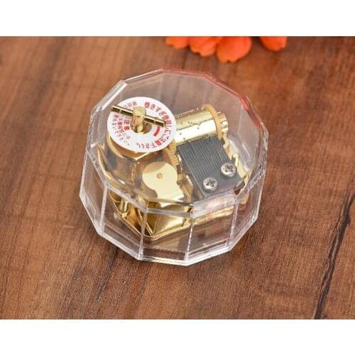10pcs/lot Acrylic Transparent Round Music Box Gold Movement Hand Cranked Music Box Kids/Children Gift 16 Songs Mixorder