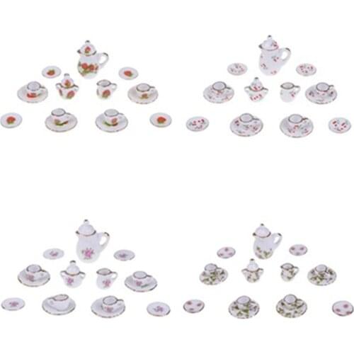 15Pcs/Set Dollhouse Miniature Restaurants Goods Porcelain Tea Set Plate Cup Plate Flower Print