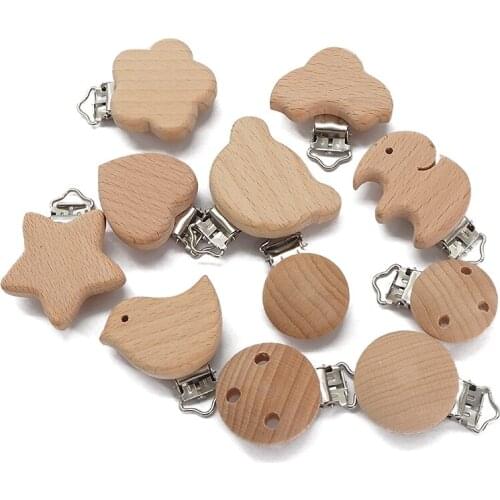50Pcs/lot BPA Free Wooden Bear Flower Car Heart Bird Elephant Round Star Clips For DIY Baby Nature Pacifier Chain Clip