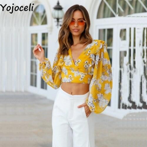 Yojoceli sexy V-neck print blouses shirt 2021 women lantern sleeve ruffle bow blusas female boho new blouses
