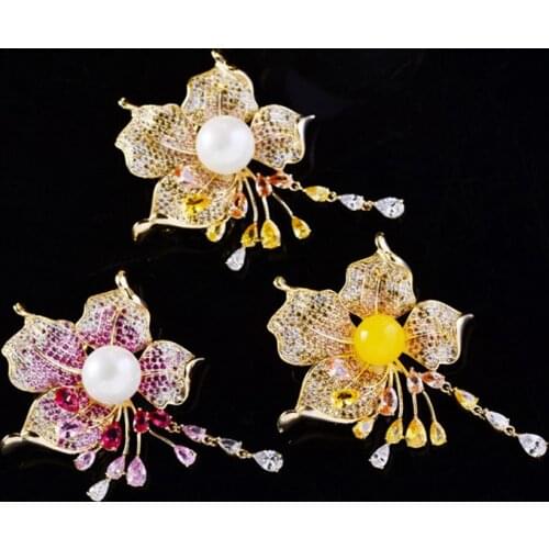OKILY Luxurious AAA Zirconia Tassel Flower Pin and Brooches Elegant Pearl Petal Broochpins for Girl Dress Jewelry Accessories