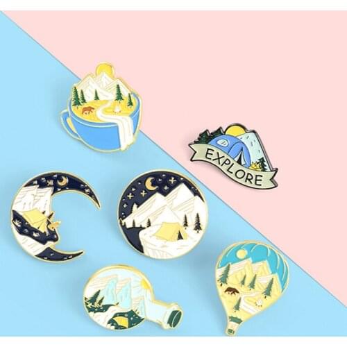 Camping Adventure Enamel Pins Custom Explore Natural Scenery Brooch Lapel Badge Bag Cartoon Jewelry Gift For Kid Friend