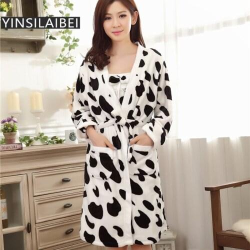 Two-Pieces/Set Winter Dressing Gown Milk Cow Print Flannel Bridesmaid Robes Kimono Bathrobe Set for Women Sleepwear SR020#35