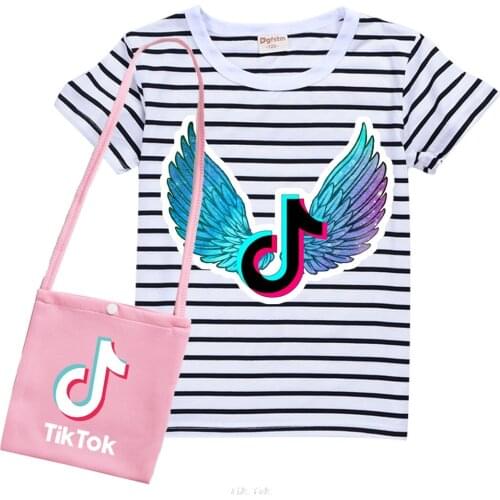 Tik Tok Summer Striped T Shirt + Bag Set Kids Girls Cute Print Cotton Sleepwear Baby Children Home Sleep Wear Clothes
