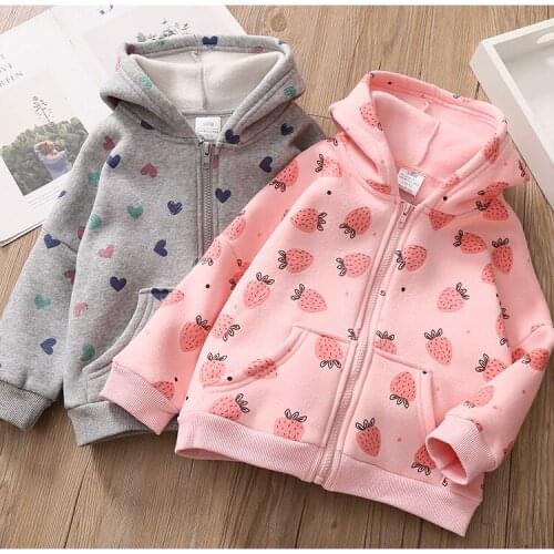 Jacket for Girls 2021 Spring New Baby Hooded Casual Zipper Coats Cute Strawberry Love Print Cotton Girls Jackets Kids Outerwear