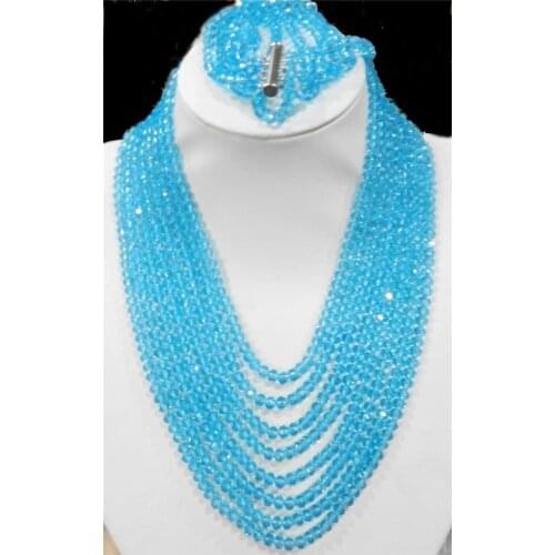 Vogue popular jewelry set 8rows blue Crystal beads chain necklace& 5 rows Bracelet