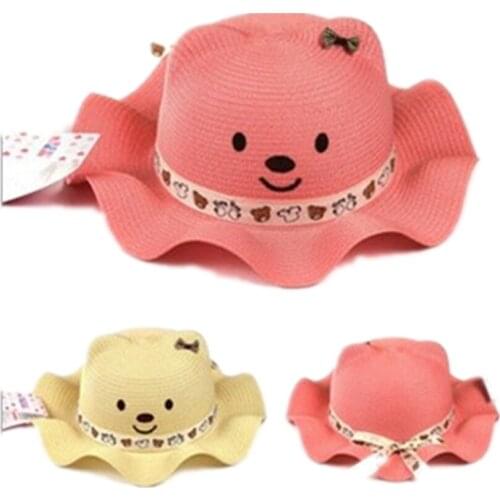 Wholesale new childrens cap korea fashion children summer straw bear with bow sun hat sport cap 2-8 years old-P