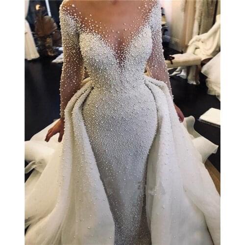 Luxury Pearl Beaded Mermaid Wedding Dresses 2021 Detachable Train Vintage Long Sleeves Saudi Arabic Bridal Gown Vestidos Mariee