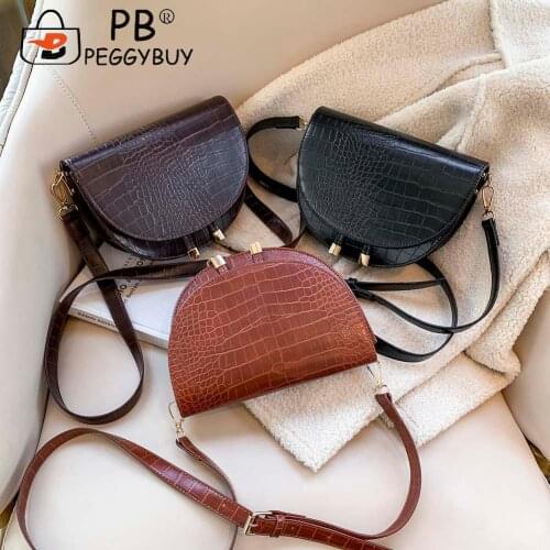 Retro Alligator Pattern Crossbody Saddle Bags Women Solid Color PU Leather Handbag Semicircle Small Shoulder Bag сумка женская