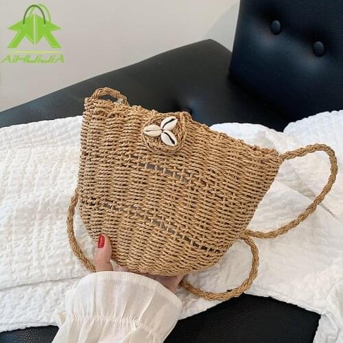Fashion Straw Bag Women Hand-Woven Handbag Shell Rattan Messenger Bag Bohemia Drawstring Casual Beach Shoulder Crossbody Bags