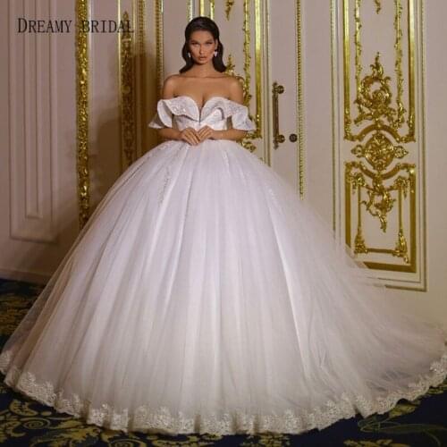 Dreamy Bridal Ruffles Off Shoulders Wedding Dresses Puffy Lace Ball Gown Bridal Gowns