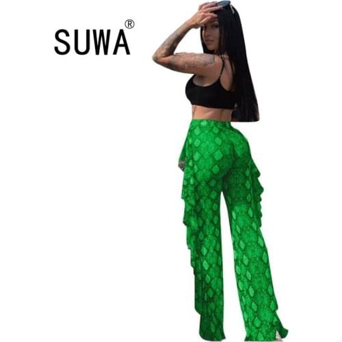 Snake Printed Women Pants Trousers Ruffles Patchwork High Waist Sexy Party Night Club Legging Fashion Clothes