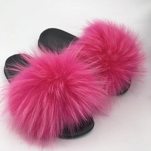 Womens Real Fox Fur Slipper Furry Summer Beach Slipper Beach Sandals Flip Flop Slides Flats Female Outdoor Shoes Fluffy