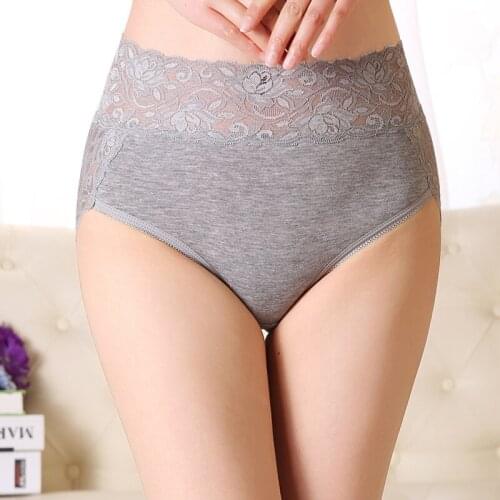 Large Size Women Panties Sexy Lace Tummy Control Underwear Trendy Pure Color Elastic High Waist Underpants Healthy Cotton Briefs