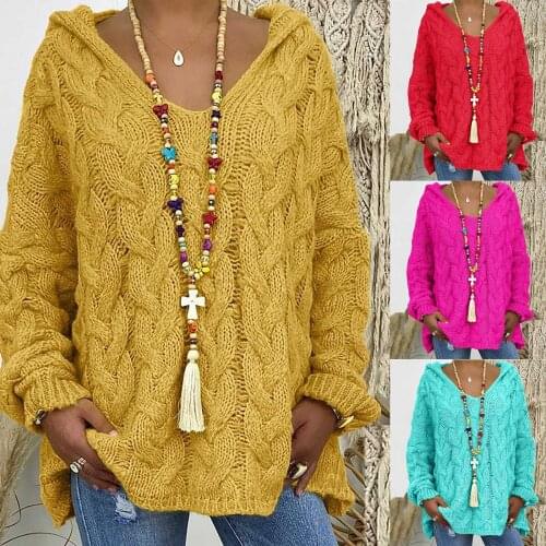 40# Women Winter Casual Hooded Sweater Plus Size Loose Large Size Solid Color Hood Long Sleeves Sweater Top Свитера Женские 2020
