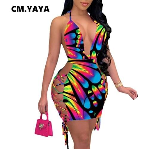 CM.YAYA Women Mini Dress Print Halter Backless Bandage Bodycon Dresses Sexy Fashion Night Clubwear Summer Outfits 2021